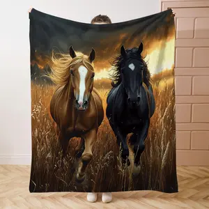 Horse Galloping on The Grassland Print Flannel Blanket, Flannel Cozy Blanket, Soft Comfortable Throw Blanket, Cool Bedroom Warm Napping Blanket for Home Office Camping, Lightweight Flannel Blanket