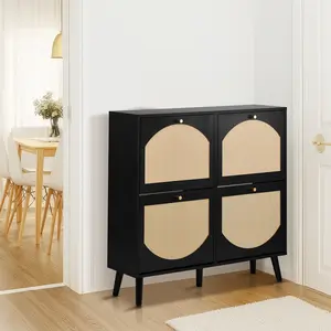 2 rows of 4 dump buckets with high-leg arched rattan shoe cabinet particle board + plastic rattan 105*24*98cm black frame + original wood rattan surface + black high-leg shoe cabinet
