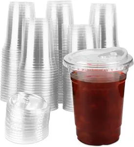 100 Sets 16 Oz Plastic Cups with Lids, Iced Coffee Cups with Lids, Strawless Sip-Lids Design, No Need for Straws, Durable PET Go On Plastic Cups