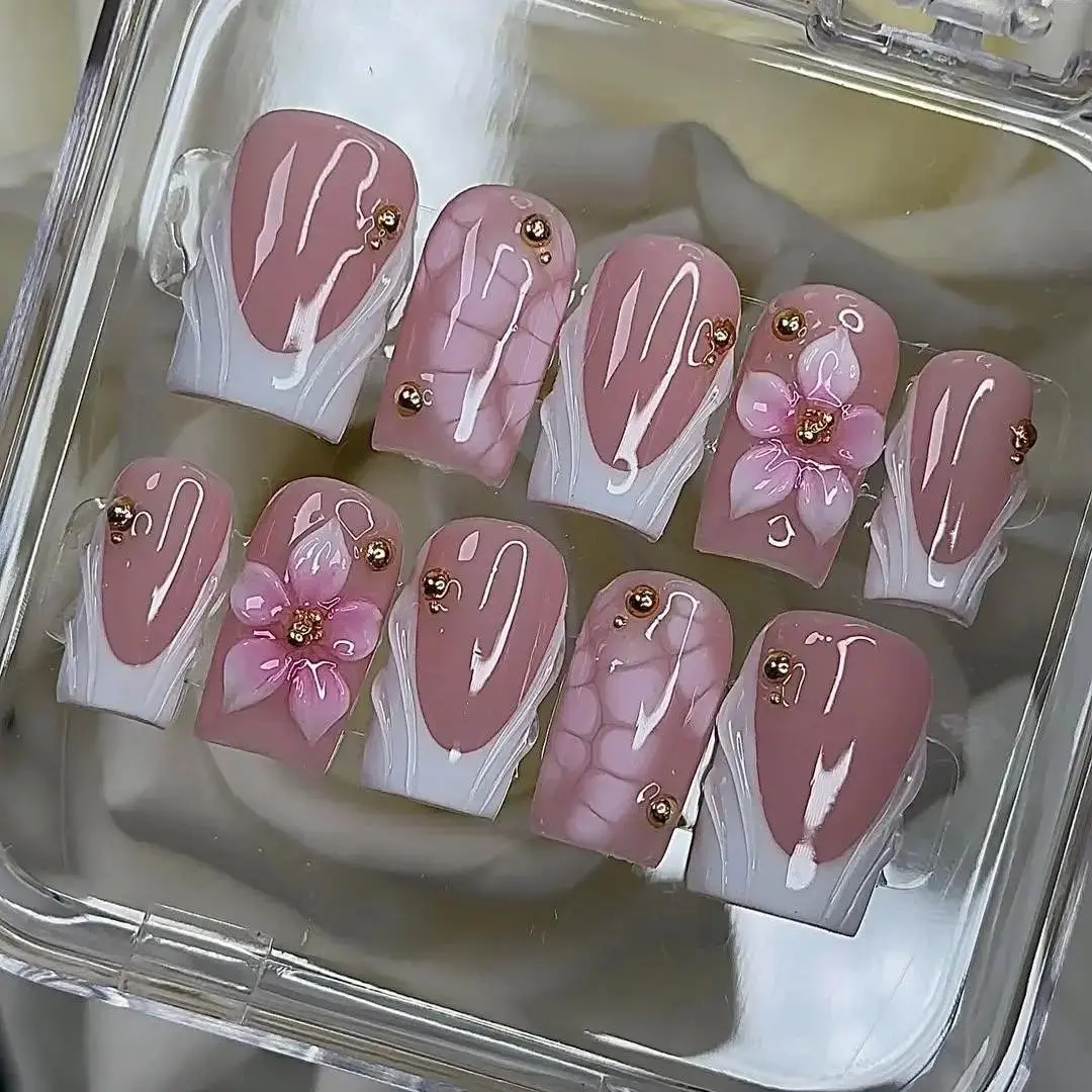 [LIMITED LAUNCH DEAL] Pastel Shell Bloom Press-On Nails, 3D Pink Flowers, White French Tips, Shell Texture Accent, Glossy Nude Base, Dreamy Handmade Nail Set