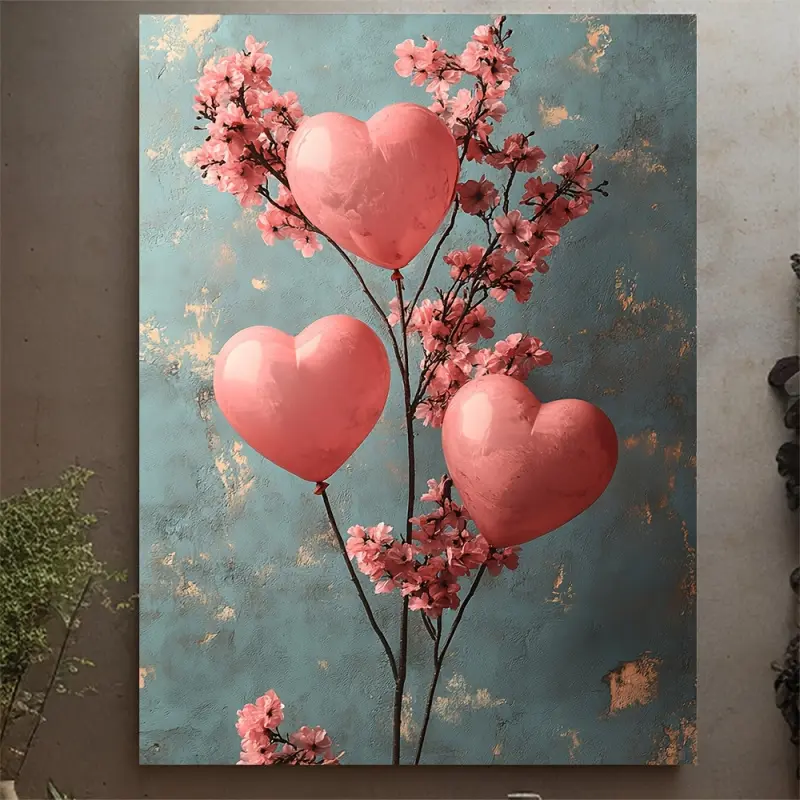 1 Piece Romantic Heart-Shaped Balloon Canvas Print with Frame - Pink Art Valentine's Day Aesthetic, Romantic Farmhouse Wall Decoration, Wooden Frame, Suitable for Bedroom or Living Room Gift, Valentine's Day Decoration| Romantic Art| Wooden Frame, Valenti