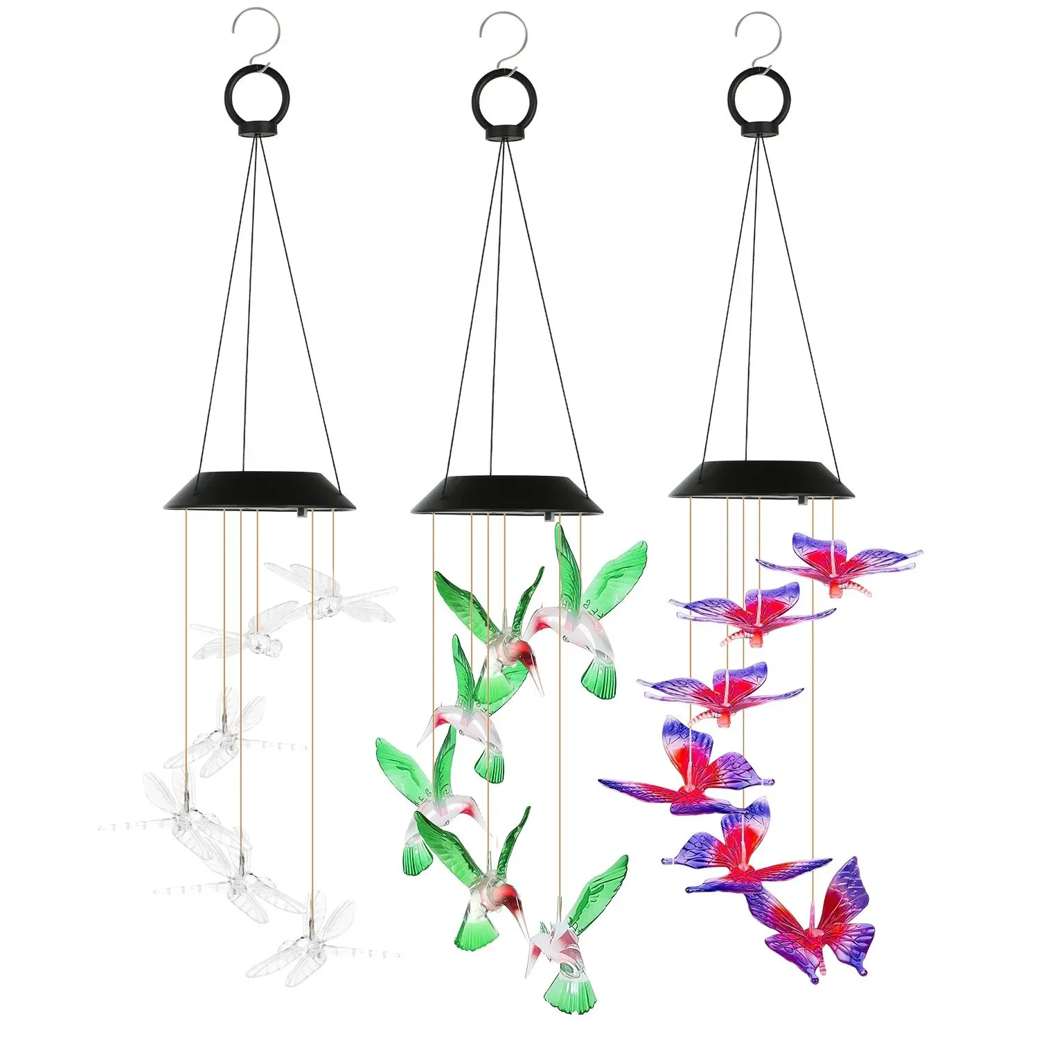 3Pack Solar Hummingbird Butterfly Dragonfly Wind Chimes 7 Color Changing Wind Chime for Outside Waterproof Outdoor Garden Yard Decor