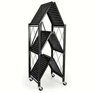Black Iron 3Layer Foldable Storage Rack with Wheels High Loadbearing for Garage Kitchen Multipurpose Utility Racks