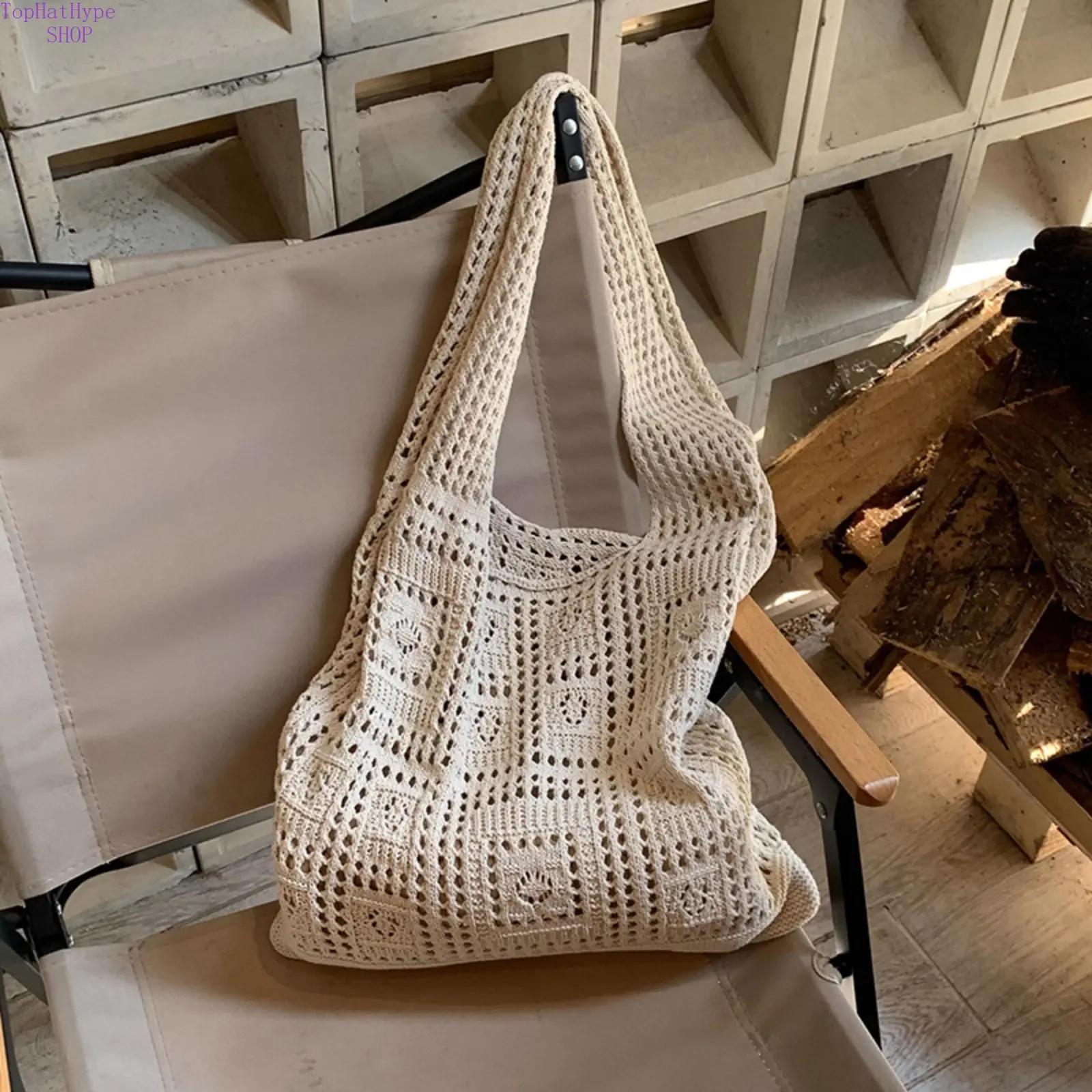 Hollow-Out Knitted Tote Bag for Women, Large-Capacity Woven Design for All Seasons, Everyday Commute, Work, and Shopping, Commute Tote, Daily