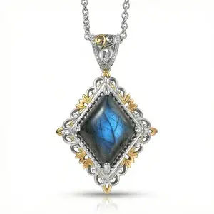 Labradorite 6.50 ctw Pendant in 18K Yellow Gold Plated and Platinum Plated with Stainless Steel Necklace 20 Inches