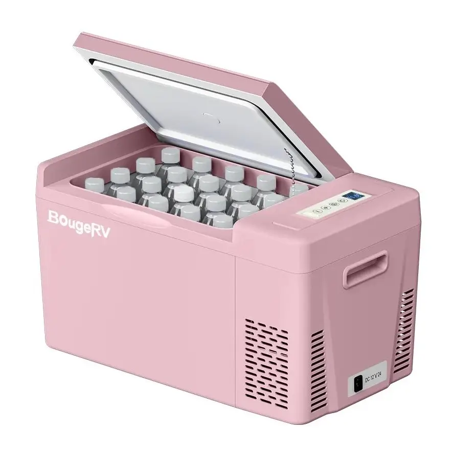 【BougeRV Pink 23 Quarts Portable Fridge】Camping Travelling Freezer Cooler BougeRV 23 Quarts Refrigerator 12/24V DC 110~240 Volt AC for Truck Van RV C