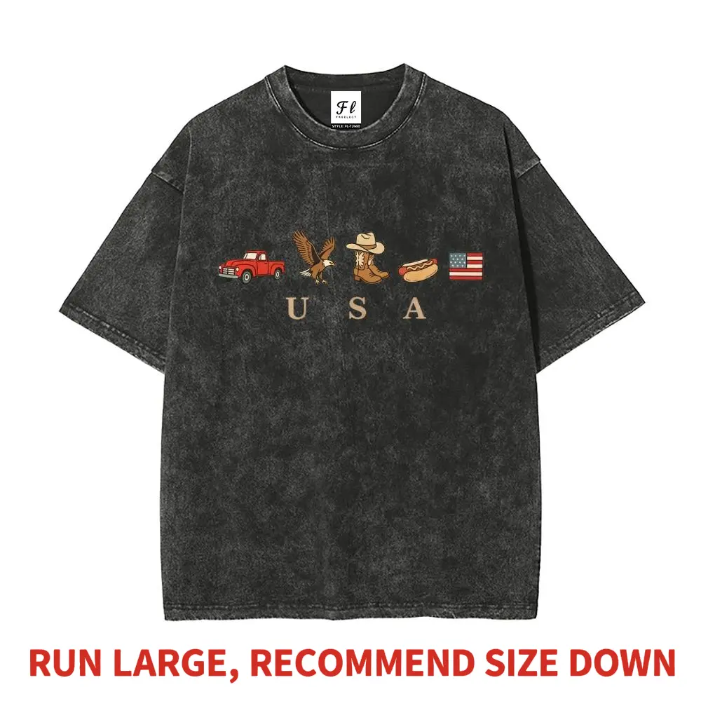Men's Oversized Vintage USA Eagle Truck Print Casual T-Shirt - Stylish Menswear, Round Neck, Short Sleeve, Acid Wash Heavyweight Cotton Tshirt