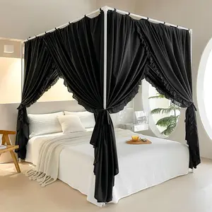 Bed Curtains with Top Ties - Windproof & Lightproof for Girls' Adult Bedroom |   Bed Drapes (Queen,Black)