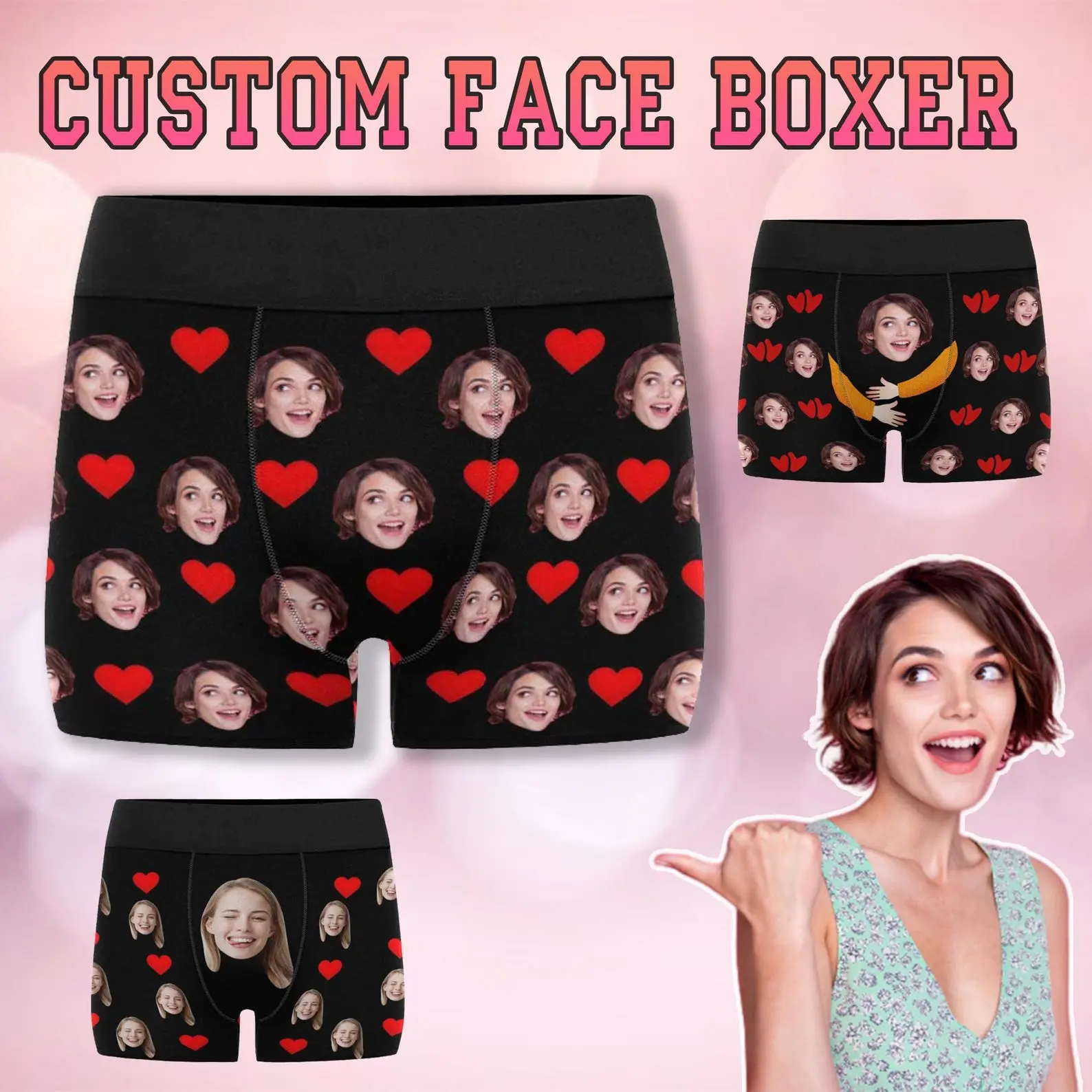 Personalized men’s boxer briefs feature a repeated custom face pattern with red hearts, making them a playful surprise for your boyfriend, husband or partner.