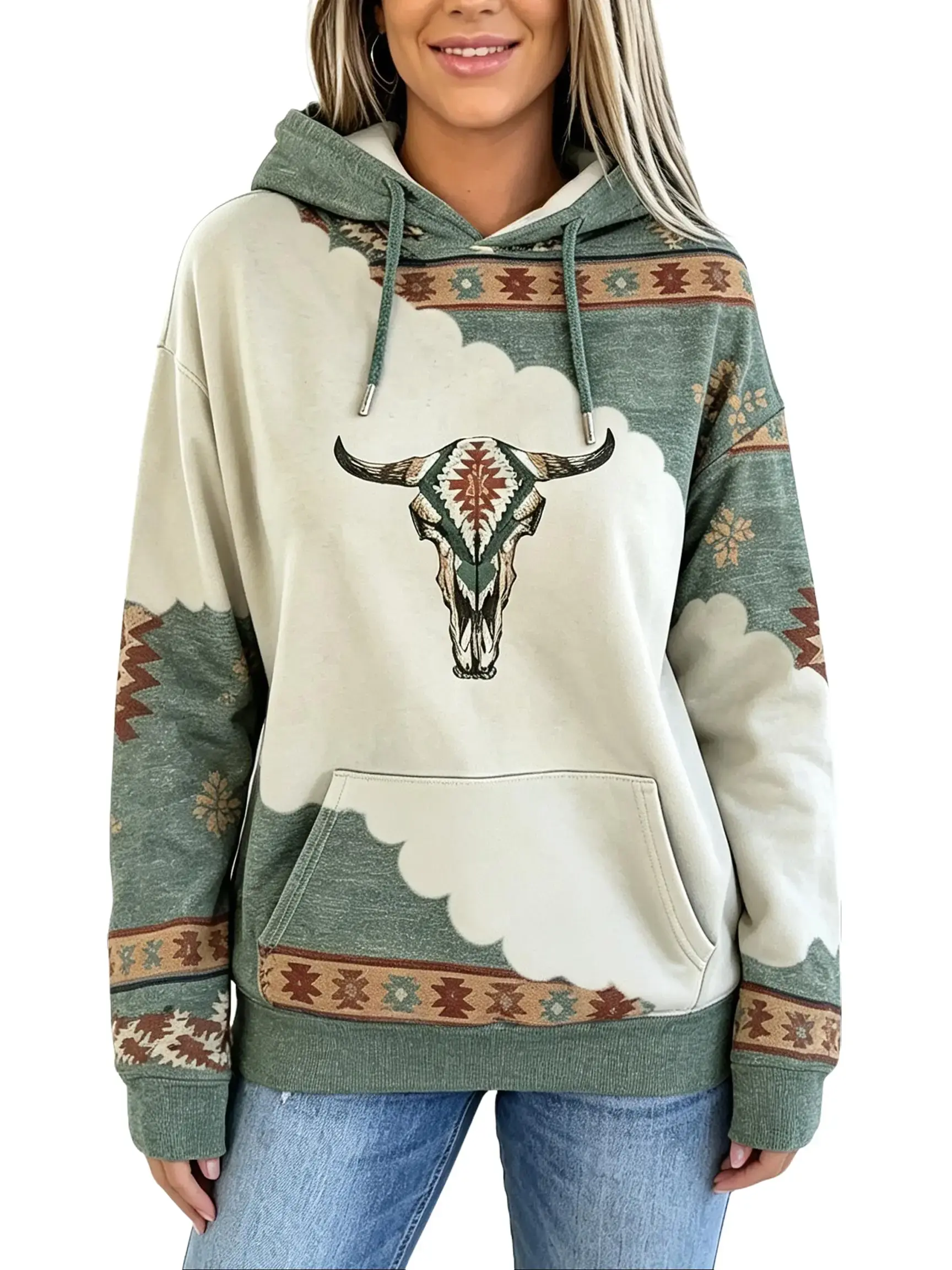 Women's Tribal Bull Head Print DropShoulder Hoodie, Boho Casual Drawstring Pocket Hooded Sweatshirt for Daily Holiday Outdoor Wear, Fashion Womenswear for Fall