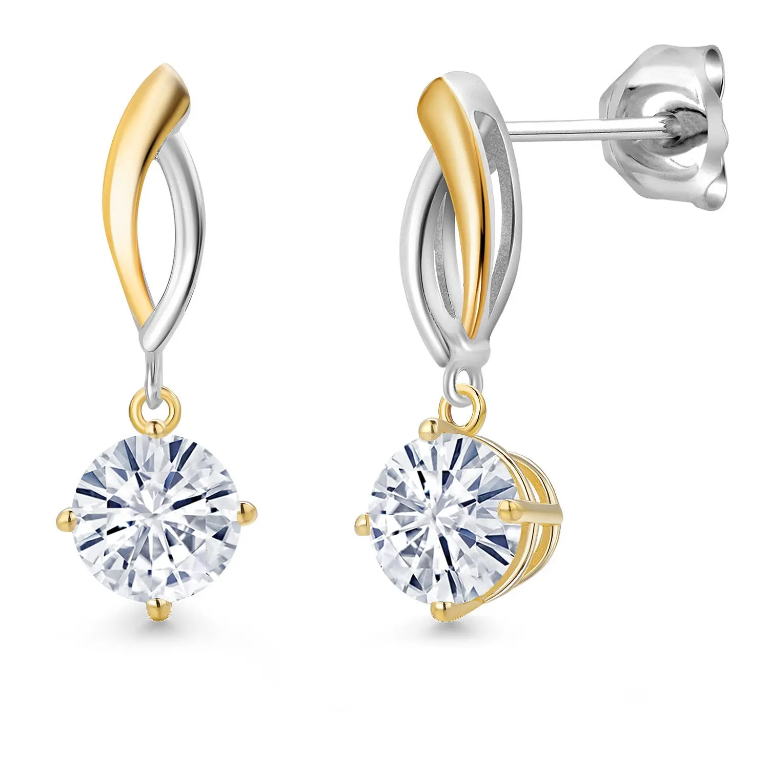 925 Silver and 10K Yellow Gold White Moissanite Dangle Earrings for Women | 1.60 Cttw | Gemstone Birthstone | Round 6MM