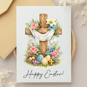 Watercolor Easter Cross Card – Christian Happy Easter Greeting – Floral Religious Card with Eggs – Handmade Faith Spring Card