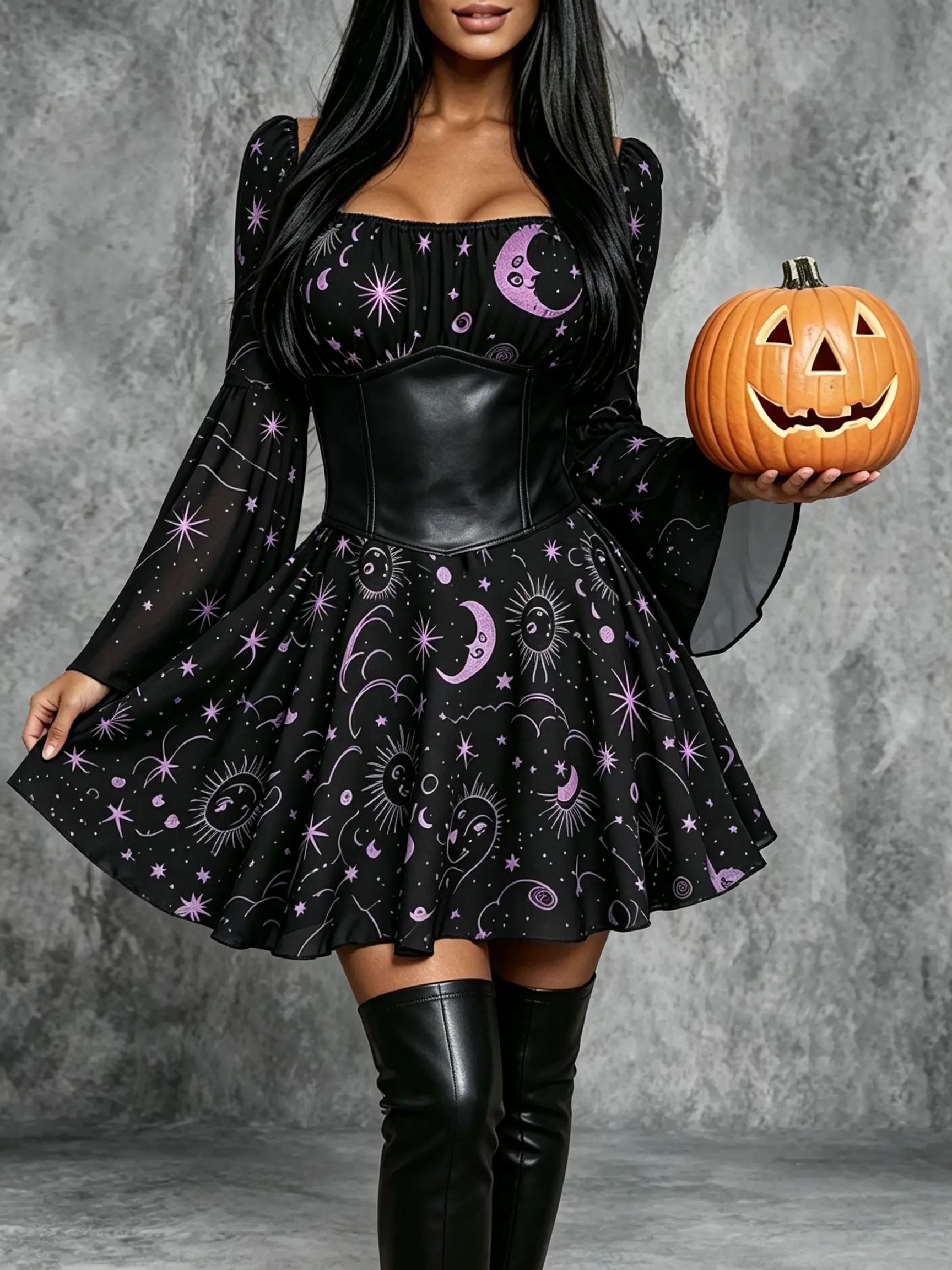 Women's Halloween Party Mini Dress, Gothic Celestial Sun Moon Star Print & Bell Sleeves, Square Neck Faux Leather Corset Waist, Flowy Skater Hem, Ideal for Witch Cosplay, Music Festivals, Mystic Photoshoot & Dark Aesthetic Gatherings 2026. Womenswear