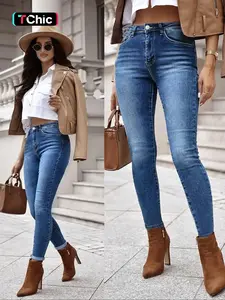 Women's Denim Jeans Elastic Stretchy Solid Blue Slim Fit Skinny Pants, Casual All Season Wear, Comfortable Stretch Fabric, Perfect for Everyday Use