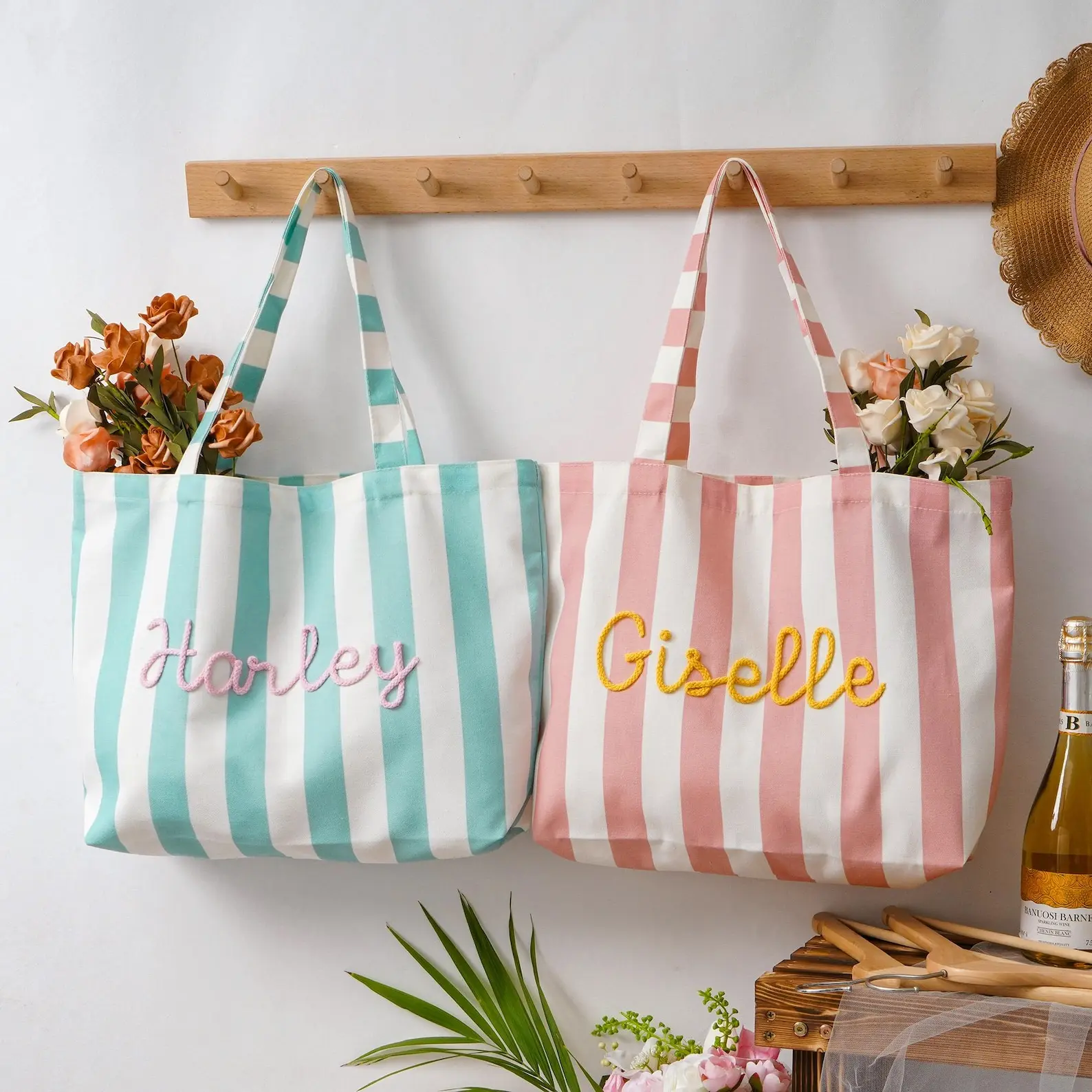 Personalized Beach Tote Bags, Custom Cabana Striped Beach Bag for Women, Striped Large Reusable Tote for Bridesmaid, Summer Travel Gift