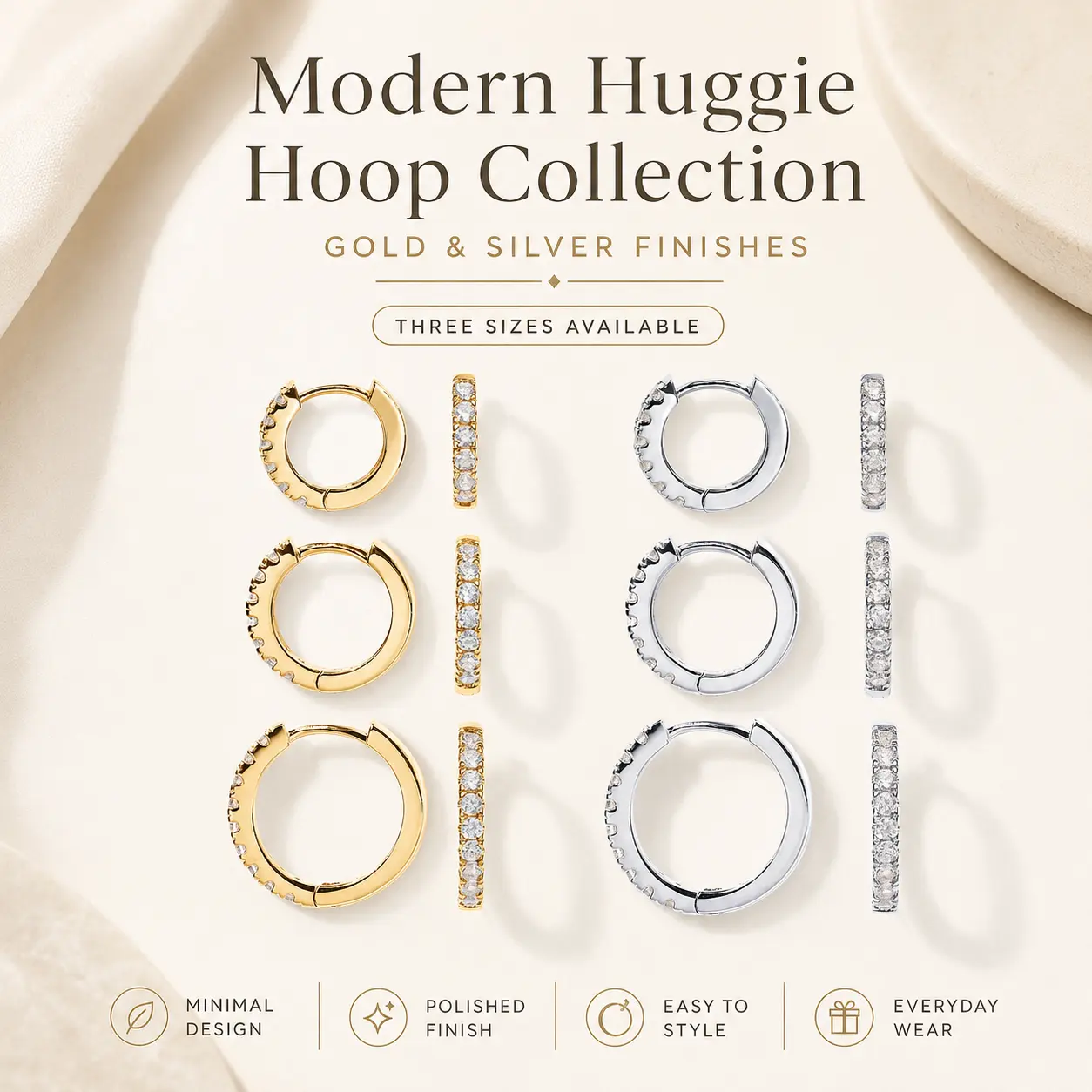 Loysun Pave Huggie Classic Hoop Earrings for Female Wear, Hypoallergenic Gold-Silver Plated Minimalist Multi-Size Round Gemstone Set, Daily Wear Gift-Ready Jewelry