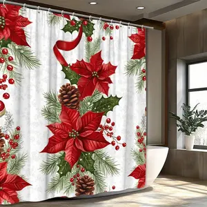 Christmas Shower Curtain with Poinsettia Wreath, Pinecone Ribbon Bow, Wintergreen Berries, Easy Clean, Multiple Sizes Available, Bathroom Curtain