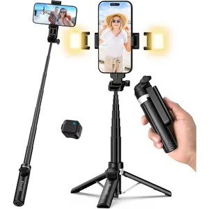3-in-1 Phone Tripod with LED Lights & Remote, Extendable Selfie Stick Tripod Stand, Compact Portable with Bluetooth Remote for iPhone/Android Vlogging & Photography (Black)