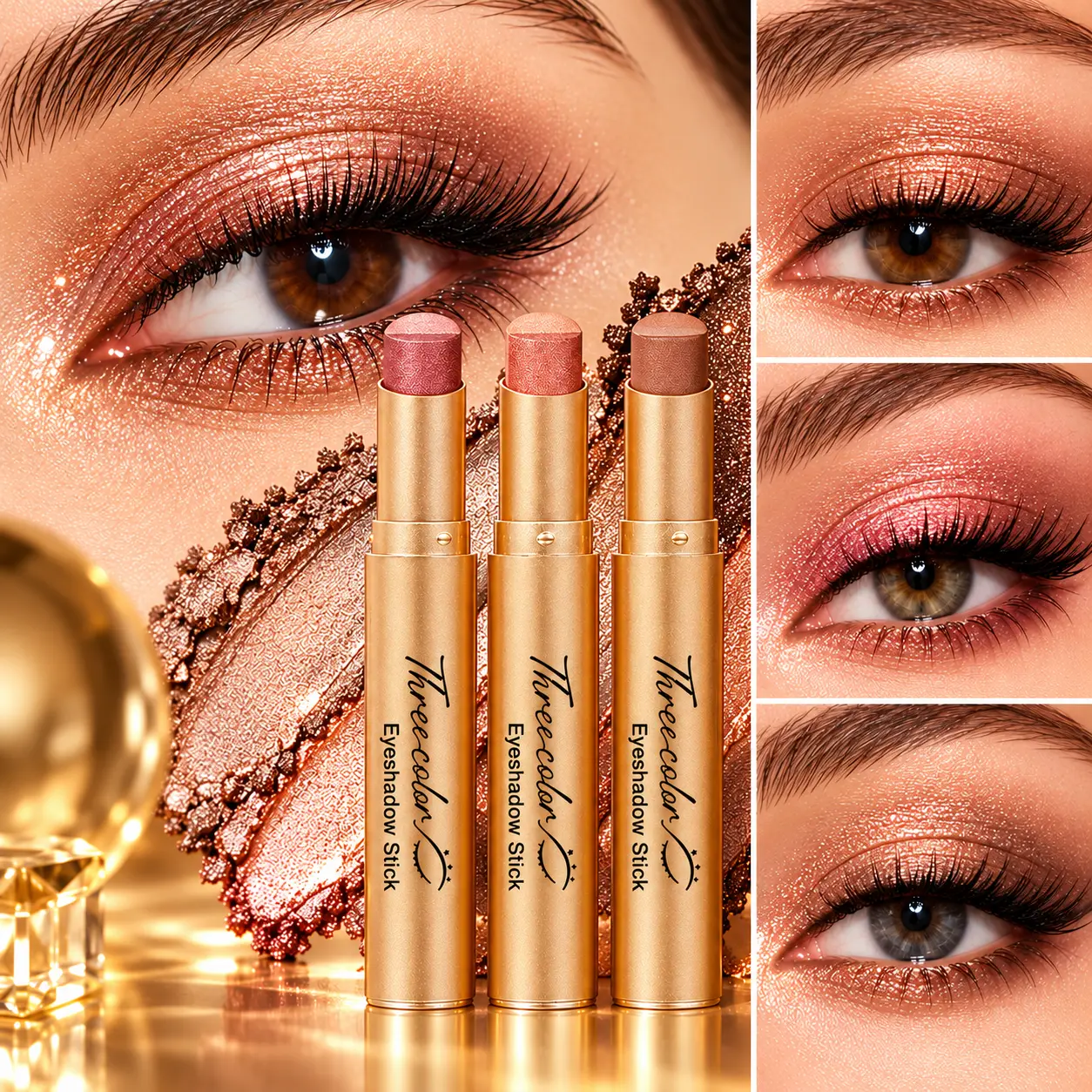 3PCS 3-in-1 Tri-Color Eyeshadow Stick Set, Creamy Shimmer Eye Shadow Pencils, Easy-to-Blend Gradient Eye Makeup, Smooth Application, Natural Glow Finish for Beginners, Everyday & Party Makeup