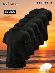 6-Pack Solid Round Neck Short Sleeve T-Shirts, Durable Heavyweight Gym & Outdoor Sports Tee, All-Season Comfortable Shirt