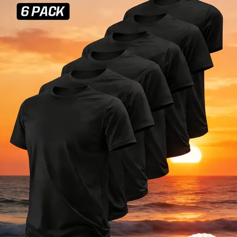 6-Pack Solid Round Neck Short Sleeve T-Shirts, Durable Heavyweight Gym & Outdoor Sports Tee, All-Season Comfortable Shirt, Gym Tees, Gym Workout Tee, Fitness T Shirt, Fitness Sport Top, Fitness Clothes Tops, Fitness Apparel