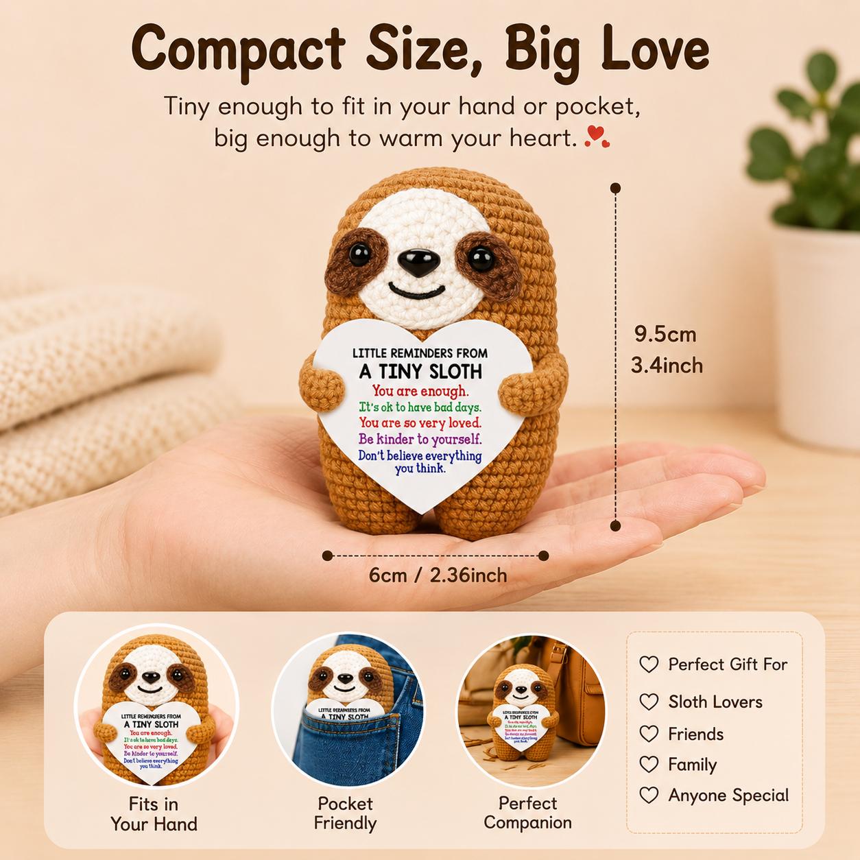 Crochet Sloth Desk Decor Gift with Encouragement Card – Funny Office Desk Gift for Coworkers & Friends | Tiny Sloth Gift, Fun Desk Decor
