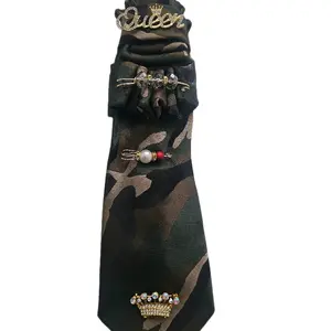 Camouflage Queen Statement Tie Custom Bling Camo Tie for Women Handmade Statement Accessory with Gold Crown and Pearl Details