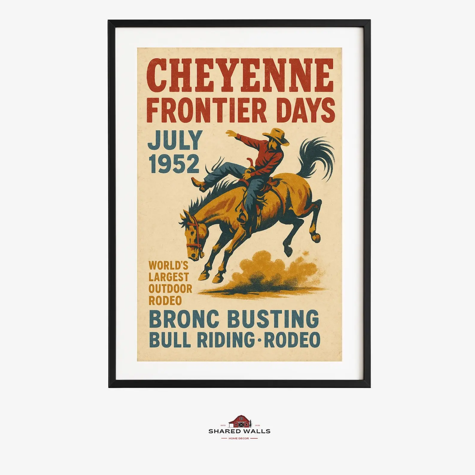 Cheyenne Frontier Days 1952 Glossy Poster, Unframed Vintage Western Rodeo Wall Art Print