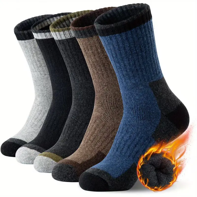 5pairs Men's Fall Winter Thickened Plus Size Socks - Wool Cashmere Blend Fleece Lined Thermal Socks, Color Block Over the Calf Knee High Warm Socks for Cold Weather Daily Wear
