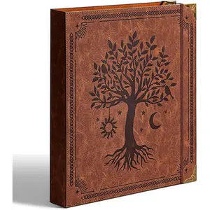 Leather D Ring Binder Fits 8.5"x11" Letter Size Paper, 1.5 Inch D-Ring Binders Holds 400 Sheets, Notepad Paper Cover Loose Leaf Organizer with Inner Pockets, Brown Tree
