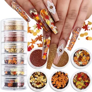 Fall Nail Art, 6 Boxes Fall Leaves Nail Glitters 3D Gold Maple Leaf Nail Sequins with Glitter Powder Gold Yellow Red Autumn Leaves Nail Art Flakes Thanksgiving Nails Design  Acrylic Nails