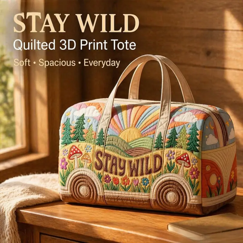 Women Quilted Duffle Bag, Retro Camper Rainbow Mountain Pine Tree Mushroom Floral Patchwork Print Shoulder Handbag, Large Capacity Weekend Camping Travel Bag, Whimsical Wilderness Landscape Duffle Purse for Short Trip & Shopping