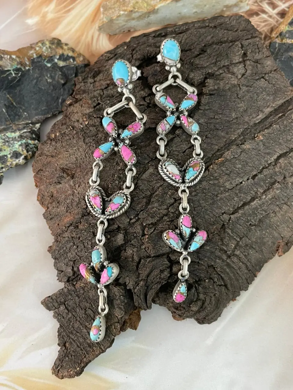 Handmade Sterling Silver Cotton Candy Post Dangle Earrings "Signed Nizhoni"