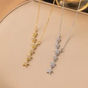 Women's CZ Star Drop Pendant Necklace, Delicate Lariat Bling Dangle Chain, Long Flexible Silver Sparkle Bedazzled Costume Jewelry, Bling Necklaces, Dangle Chain Necklaces