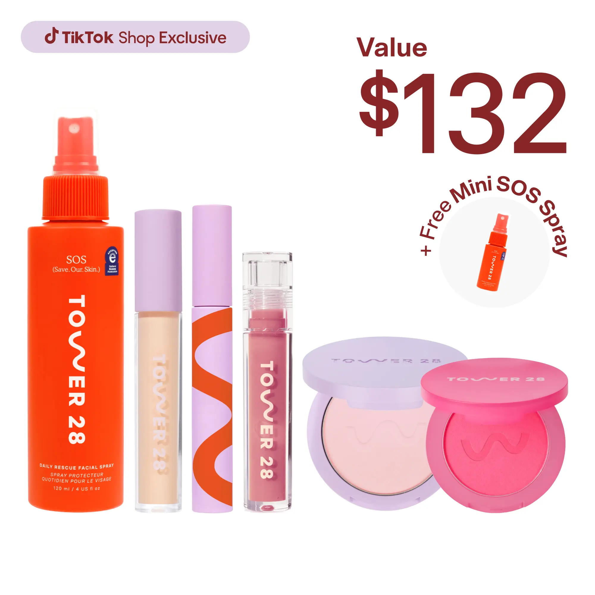 Tower 28 Full Routine 7-Piece Set: SOS Spray, Concealer, Setting Powder, Lip Oil, Blush, Mascara & FREE Makeup Bag