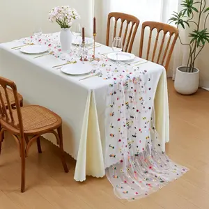 Colorful Floral Embroidery Sheer Fabric Set, 11.8x72 Inch Daisy Table Runner, Spring Summer Transparent Decor, Wedding Party Decoration, Home Parties