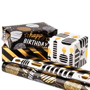 3 Rolls Gold Birthday Gift Wrapping Paper, Balloon, Candle, Striped Patterns, Party Celebration, 43.2cm X 300cm