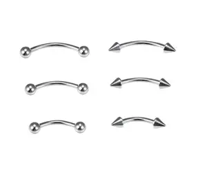 6PCS 16G Curved Barbell Eyebrow Piercing Jewelry, Surgical Stainless Steel Body Piercing Kit with Ball & Spike Ends for Eyebrow Tragus Lip Helix