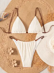 Women's Two-Piece Swimsuit Set Cream Ripple Color Block Triangle Bikini, Sexy Slimming Comfort Beach Vacation Wear