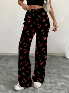 Women's Casual Wide Leg Pants, Comfortable High Waist Cross Design, Cherry Print Yoga Pants, Lightweight Home Wear for Daily Use