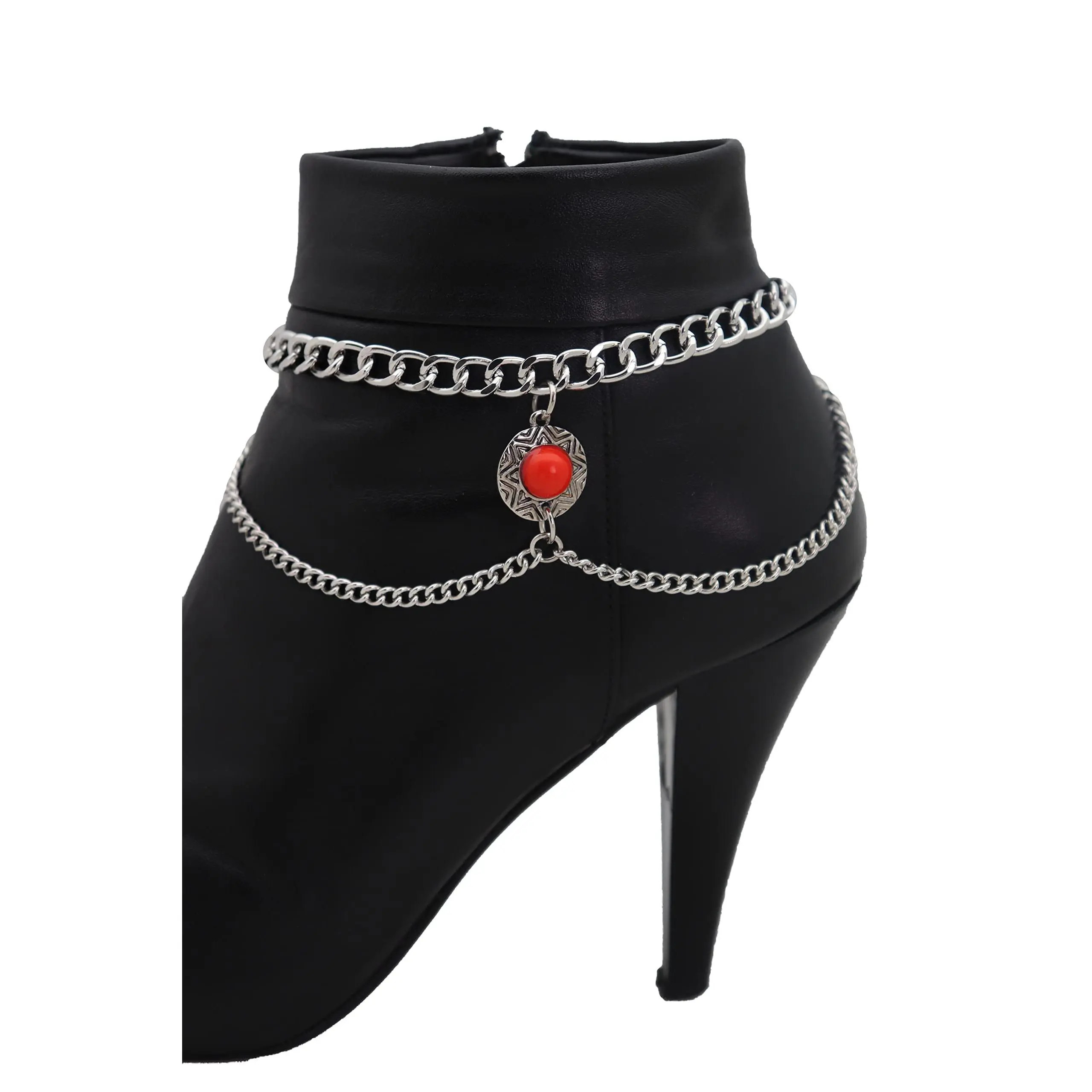 Women Boot Bracelet Chain Metal Western Fashion Jewelry Anklet Shoe Red Coin Charm Silver