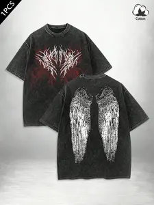 Unisex "Angel Wings & Gothic Flame" Washed Oversized TeeViral CleanFit DarkStreet Y2K Aesthetic Premium Heavyweight Cotton Double-Sided Print Vintage Washed Finish Drop Shoulder Relaxed Fit Edgy Streetwear OOTD Casual Style Tee