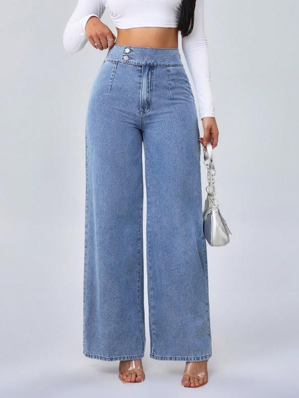 Women's Vintage Elegant High Waist Wide Leg Jeans, Button Front Elastic Waist, Plain Design, Casual Fashion Pants, All Seasons