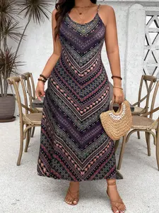 Plus Size Women's Vintage Style Boho Casual Comfy Chic Striped Print Spaghetti Strap Sleeveless Lightweight Summer Long Dress, Elegant Ladies' Clothing, Perfect for Casual Wear