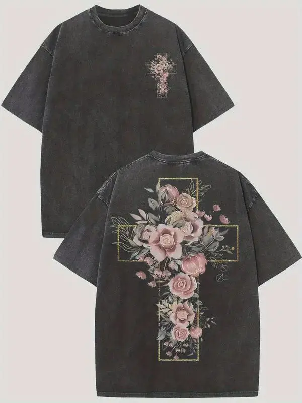Men's Black Vintage Tshirt with Double Sides Floral Cross Graphic, Oversized Streetwear Drop Shoulder Shortsleeve Top in Washed Cotton, Multi-Size for All Seasons, Tee