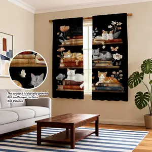 2pcs Sleeping Cats on Bookshelves Semi- Blackout Curtains Rod Pocket Design - Ideal for Bedroom, Living Room, Café - Home Decoration (Not Muti Layer Curtains)​