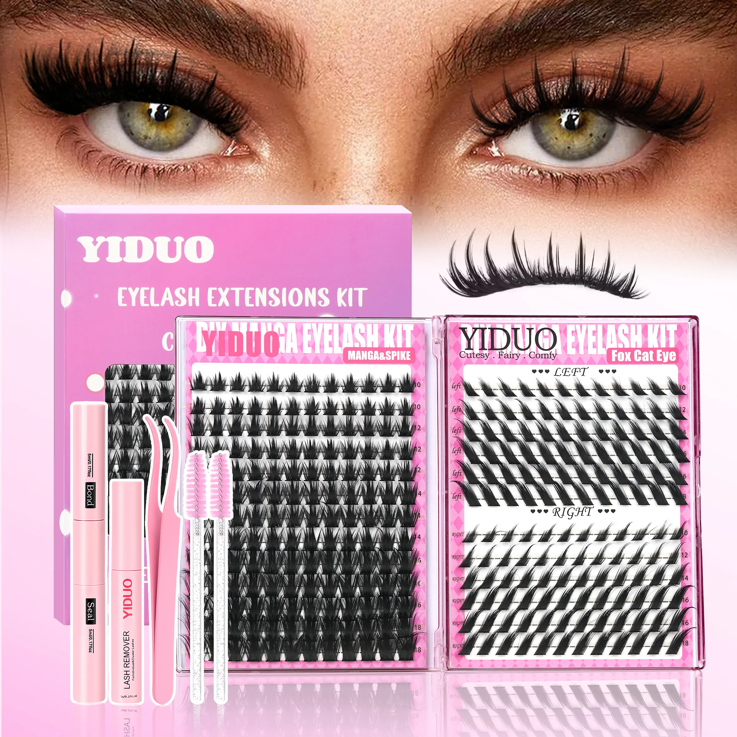 YIDUO 1214/300 Pcs Lash Clusters Kit, Eyelash Extensions Kit, Lash Extension Set, Cat Eye/Manga/Fairy/Bottom Lashes, WaterProof Lash, DIY False Eyelashes for Beginners & Pros, DIY at Home Easily, Soft Comfortable Easy Apply Natural Look for Daily Makeup