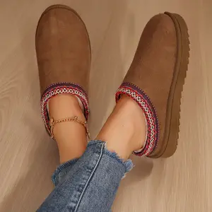 Women's Cozy Fleece-Lined Slippers - Embroidered Trim & Warmth Mini Snow Boots Indoor Outdoor Comfortable Snow Shoes