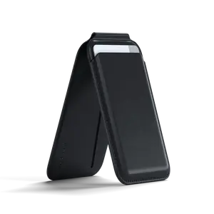 Vegan-Leather Magnetic Wallet Stand for Smartphones, Double Flap Stand Card Holder, 4 Slots with Front NFC Pass-Through, Adjustable Phone Attachment for iPhone 17/16/15/14/13/12,Travel Accessory
