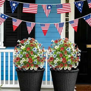 Artificial flowers in red, white, blue, violet, and daisy designs for home decoration, outdoor garden green plant ornaments